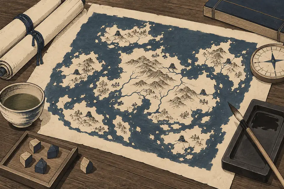 먹과 남청색으로 그린 섬들의 종이 지도 둘레에 두루마리, 벼루와 붓, 나침반, 장기말이 놓인 책상 삽화